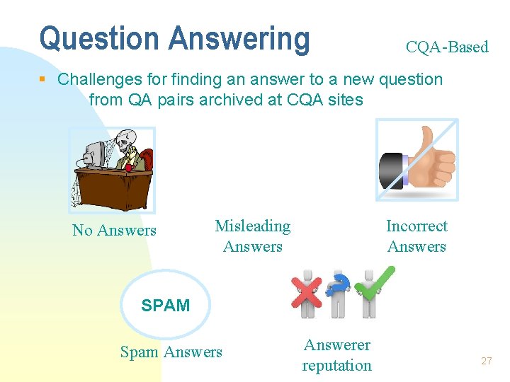 Question Answering CQA-Based § Challenges for finding an answer to a new question from
