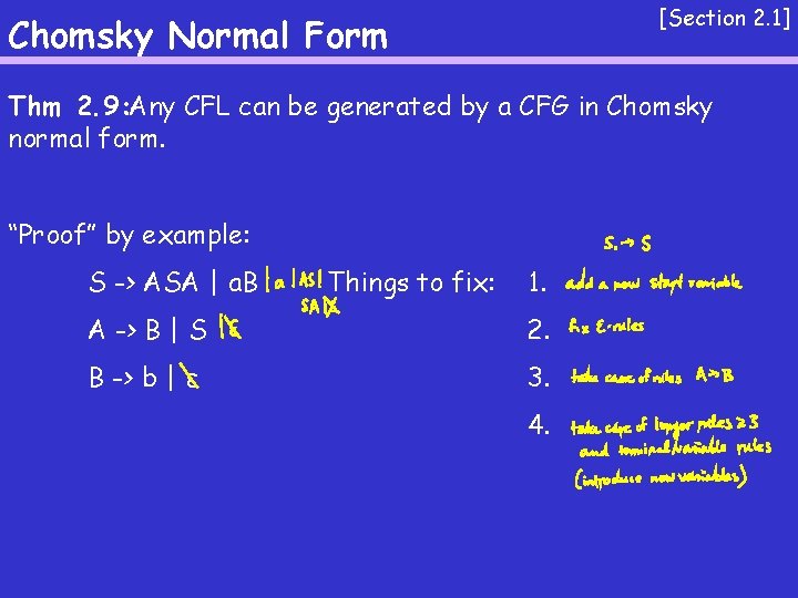 [Section 2. 1] Chomsky Normal Form Thm 2. 9: Any CFL can be generated