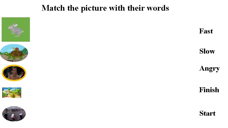 Match the picture with their words Fast Slow Angry Finish Start 
