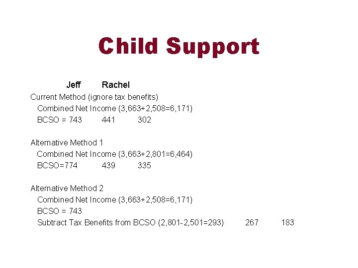 Child Support Jeff Rachel Current Method (ignore tax benefits) Combined Net Income (3, 663+2,