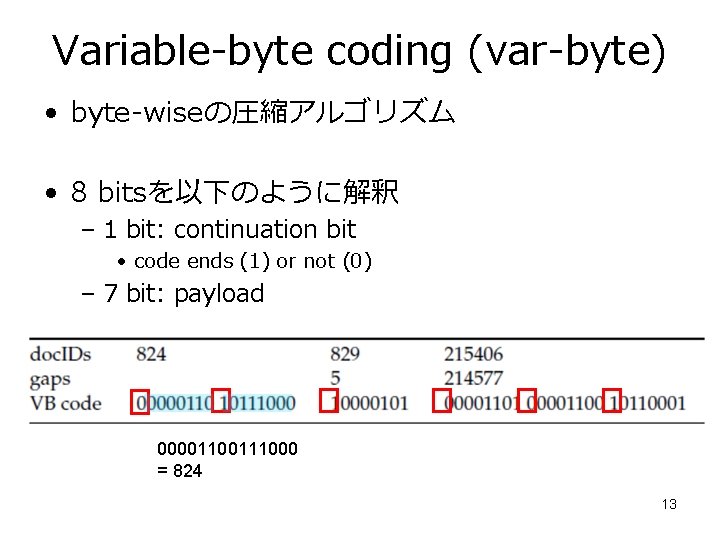 Variable-byte coding (var-byte) • byte-wiseの圧縮アルゴリズム • 8 bitsを以下のように解釈 – 1 bit: continuation bit •