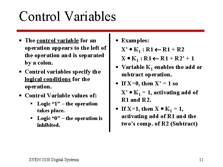 Control Variables · The control variable for an operation appears to the left of