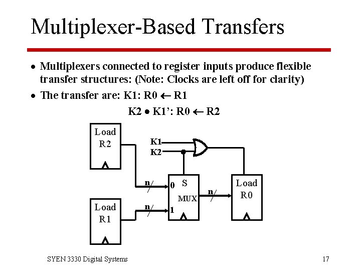 Multiplexer-Based Transfers · Multiplexers connected to register inputs produce flexible transfer structures: (Note: Clocks