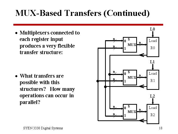 MUX-Based Transfers (Continued) L 0 · Multiplexers connected to each register input produces a