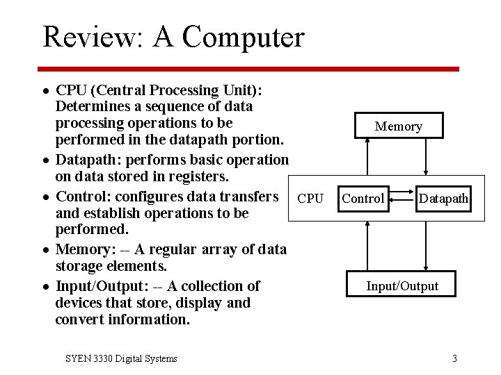 Review: A Computer · CPU (Central Processing Unit): Determines a sequence of data processing