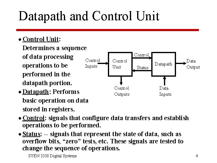 Datapath and Control Unit · Control Unit: Determines a sequence Control of data processing