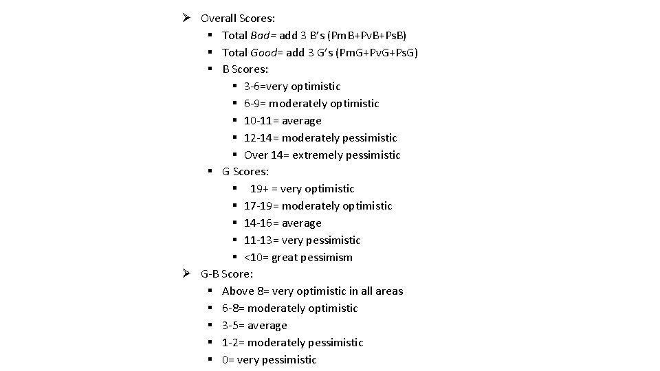  Overall Scores: Total Bad= add 3 B’s (Pm. B+Pv. B+Ps. B) Total Good=