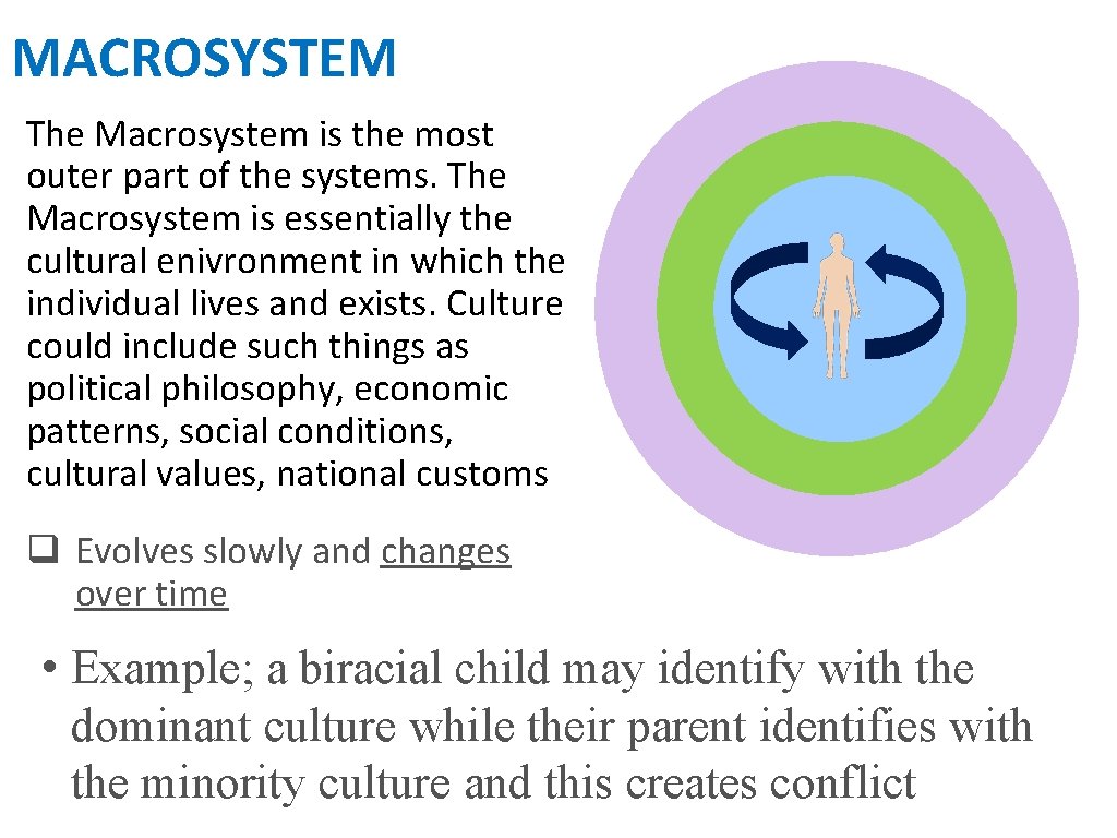 MACROSYSTEM The Macrosystem is the most outer part of the systems. The Macrosystem is