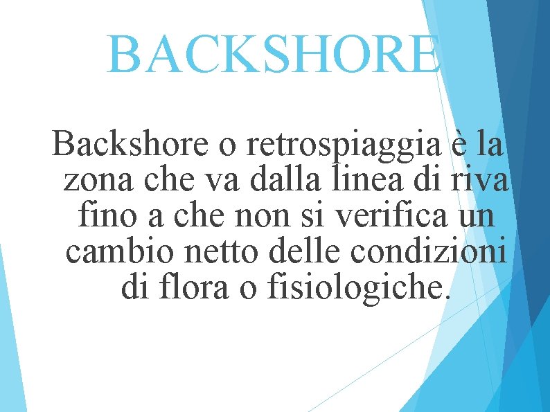 BACKSHORE Backshore o retrospiaggia è la zona che va dalla linea di riva fino