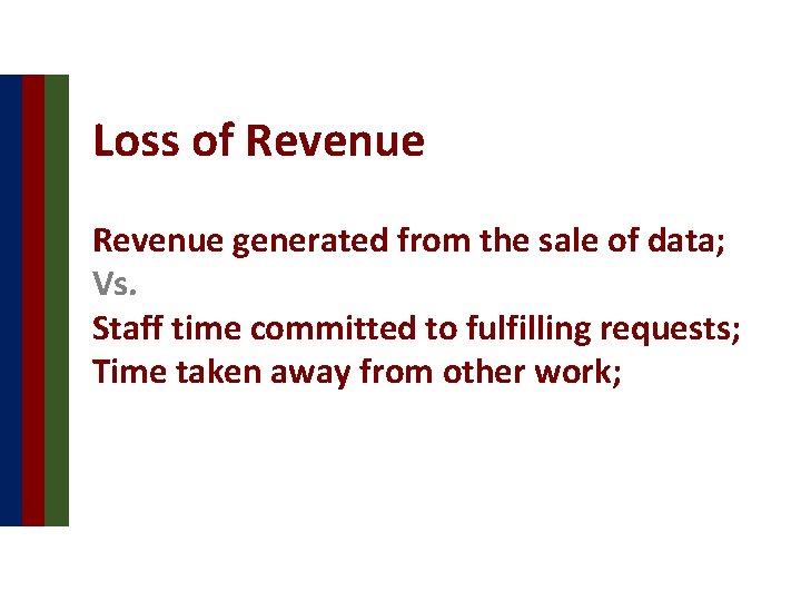 Loss of Revenue generated from the sale of data; Vs. Staff time committed to