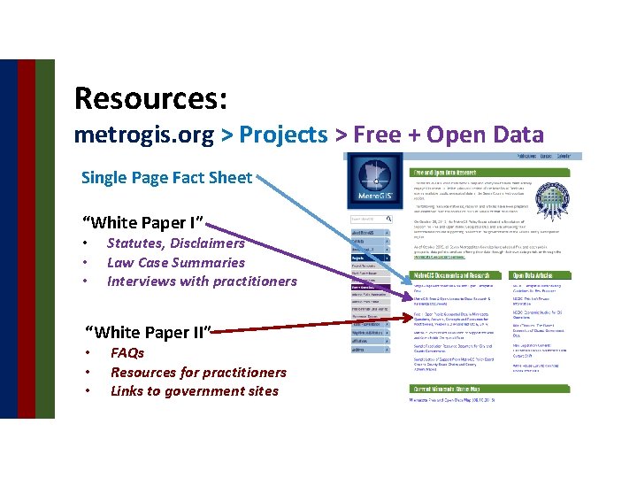 Resources: metrogis. org > Projects > Free + Open Data Single Page Fact Sheet