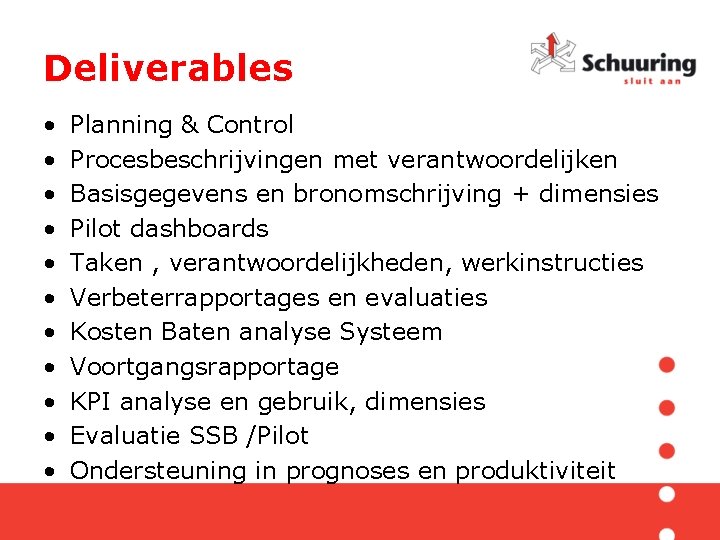Deliverables • • • Planning & Control Procesbeschrijvingen met verantwoordelijken Basisgegevens en bronomschrijving +