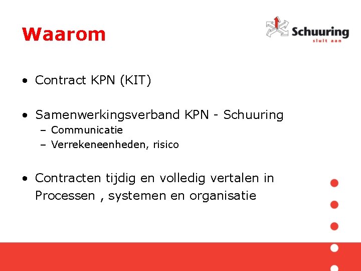 Waarom • Contract KPN (KIT) • Samenwerkingsverband KPN - Schuuring – Communicatie – Verrekeneenheden,
