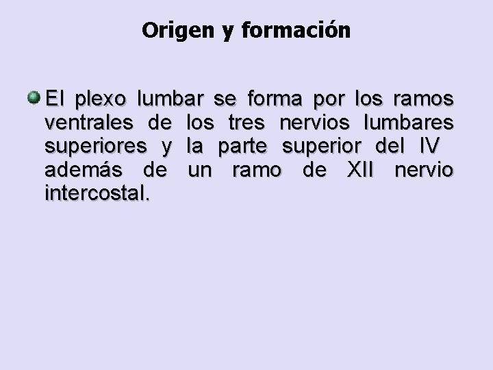 Origen y formación El plexo lumbar se forma por los ramos ventrales de los