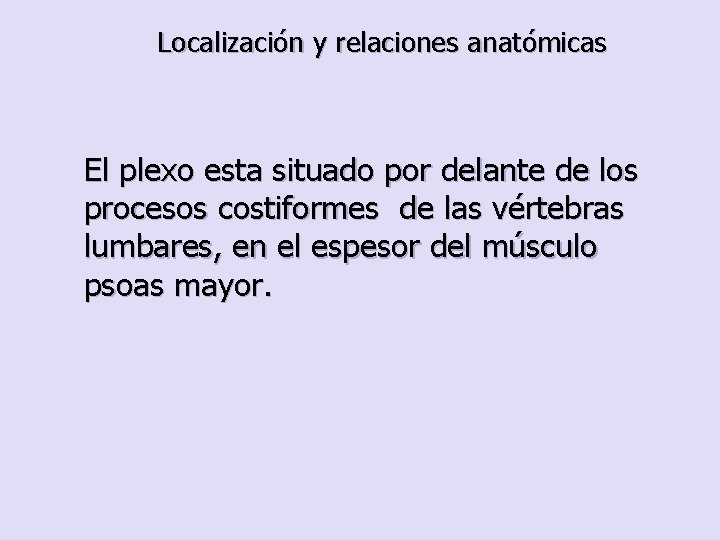 Localización y relaciones anatómicas El plexo esta situado por delante de los procesos costiformes