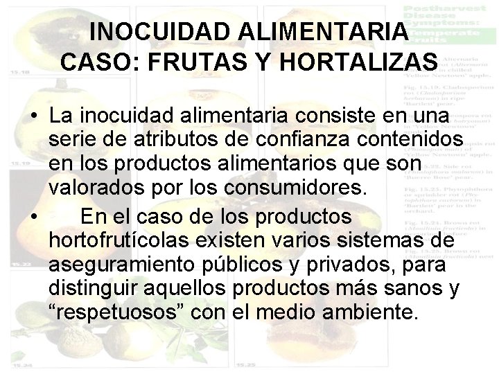 INOCUIDAD ALIMENTARIA CASO: FRUTAS Y HORTALIZAS • La inocuidad alimentaria consiste en una serie