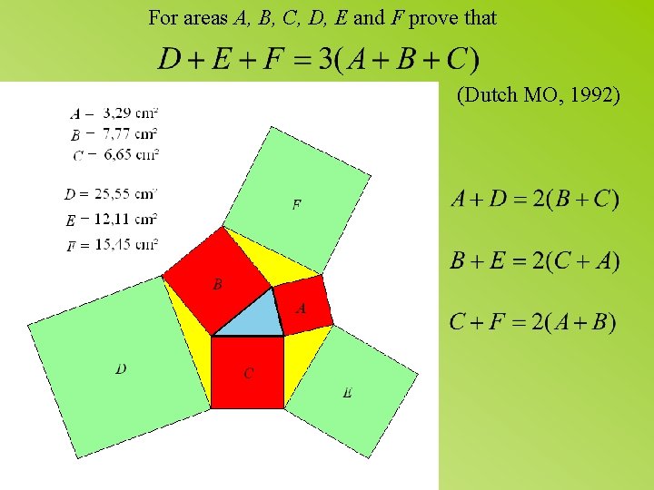 For areas A, B, C, D, E and F prove that (Dutch MO, 1992)