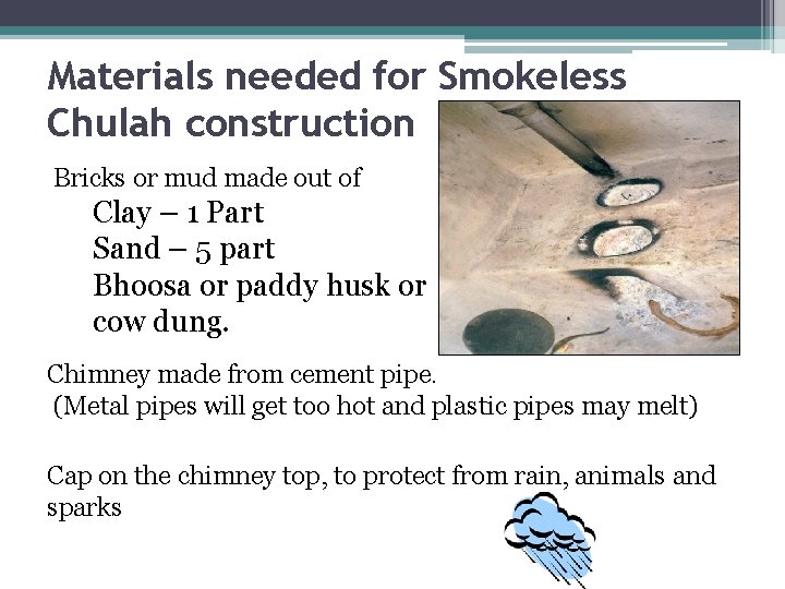 Materials needed for Smokeless Chulah construction Bricks or mud made out of Clay –