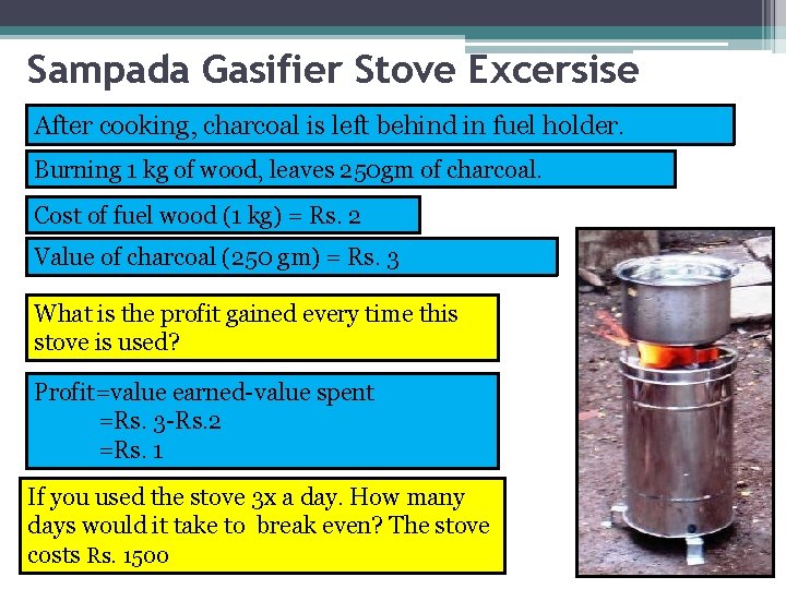 Sampada Gasifier Stove Excersise After cooking, charcoal is left behind in fuel holder. Burning
