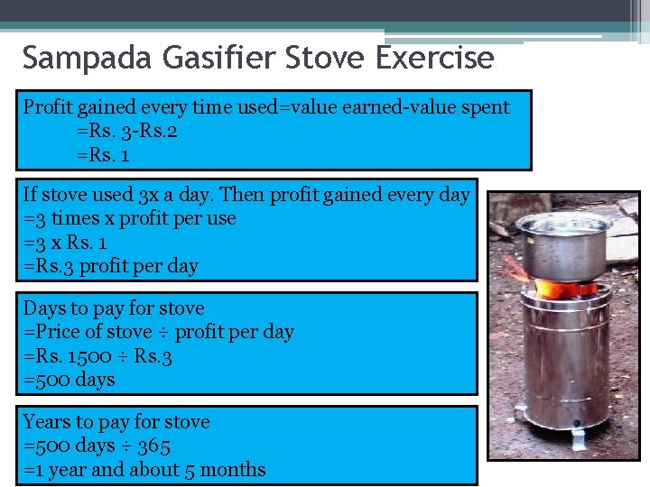 Sampada Gasifier Stove Exercise Profit gained every time used=value earned-value spent =Rs. 3 -Rs.