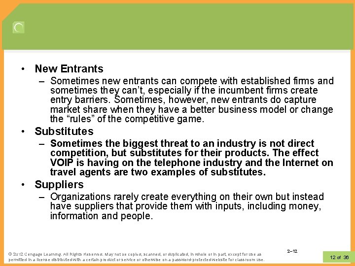  • New Entrants – Sometimes new entrants can compete with established firms and