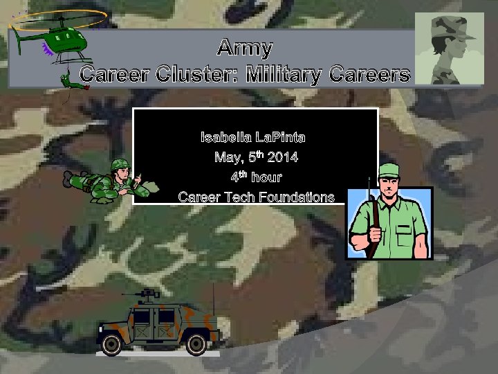 Army Career Cluster: Military Careers Isabella La. Pinta May, 5 th 2014 4 th