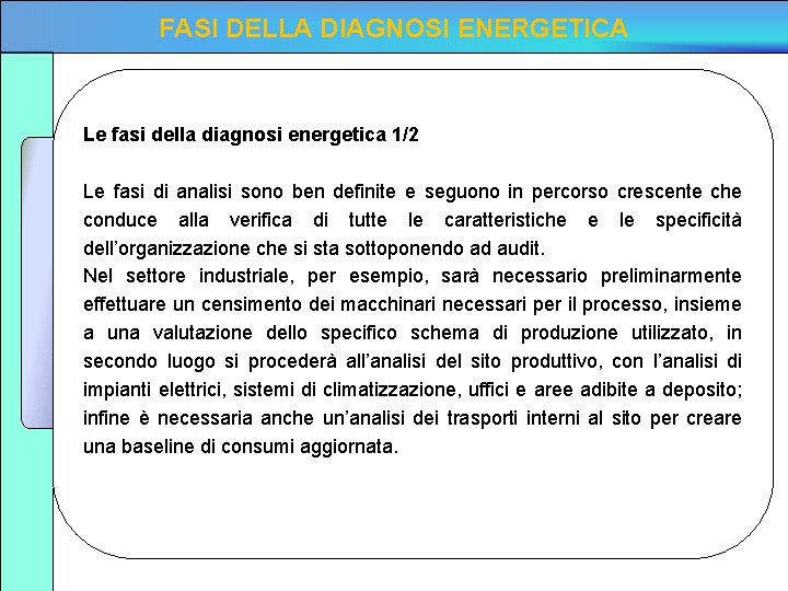 FASI DELLA DIAGNOSI ENERGETICA Le fasi della diagnosi energetica 1/2 Le fasi di analisi