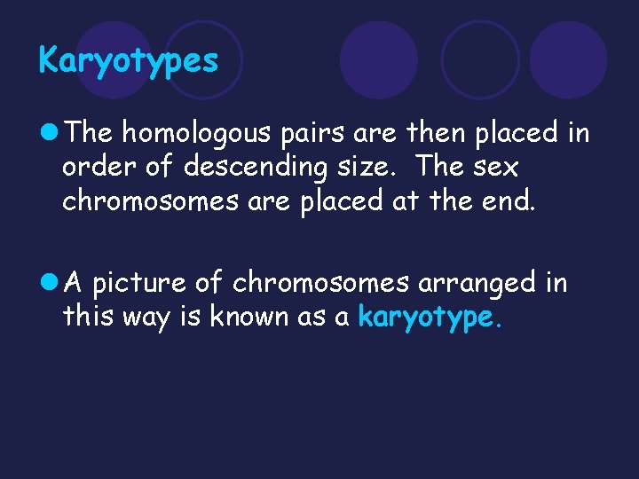 Karyotypes l The homologous pairs are then placed in order of descending size. The