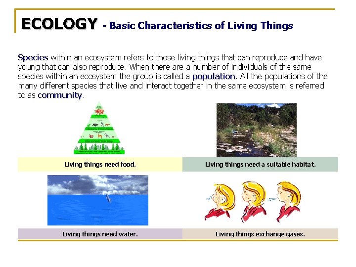 ECOLOGY - Basic Characteristics of Living Things Species within an ecosystem refers to those