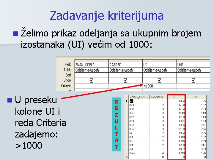 Zadavanje kriterijuma n Želimo prikaz odeljanja sa ukupnim brojem izostanaka (UI) većim od 1000: