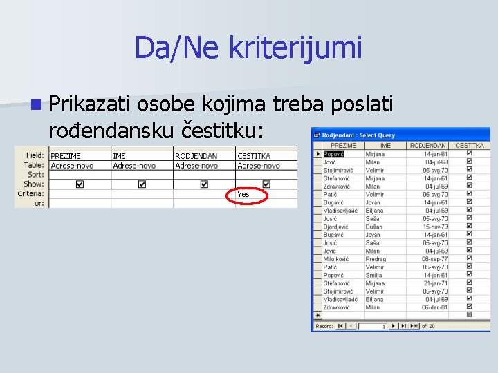 Da/Ne kriterijumi n Prikazati osobe kojima treba poslati rođendansku čestitku: 