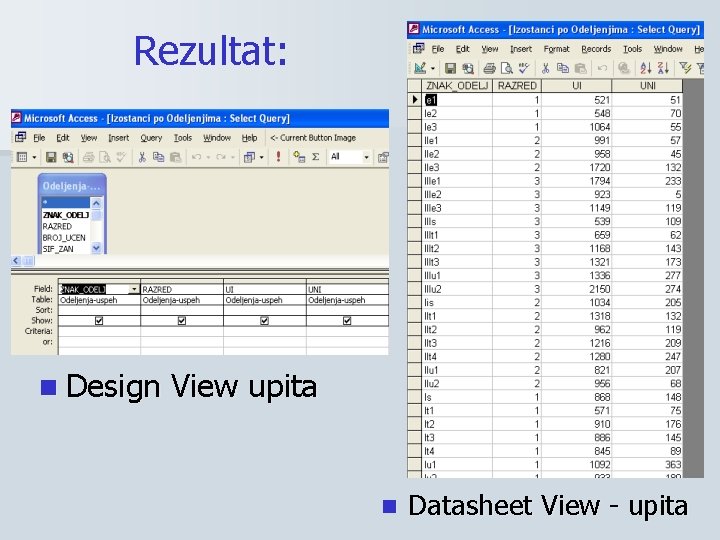 Rezultat: n Design View upita n Datasheet View - upita 