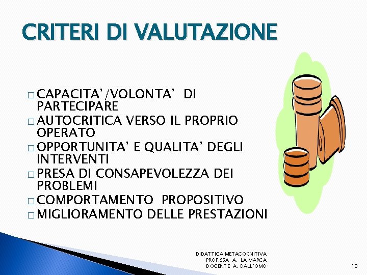 CRITERI DI VALUTAZIONE � CAPACITA’/VOLONTA’ DI PARTECIPARE � AUTOCRITICA VERSO IL PROPRIO OPERATO �