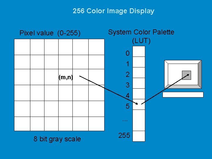 256 Color Image Display Pixel value (0 -255) (m, n) System Color Palette (LUT)