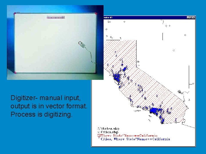 Digitizer- manual input, output is in vector format. Process is digitizing. 