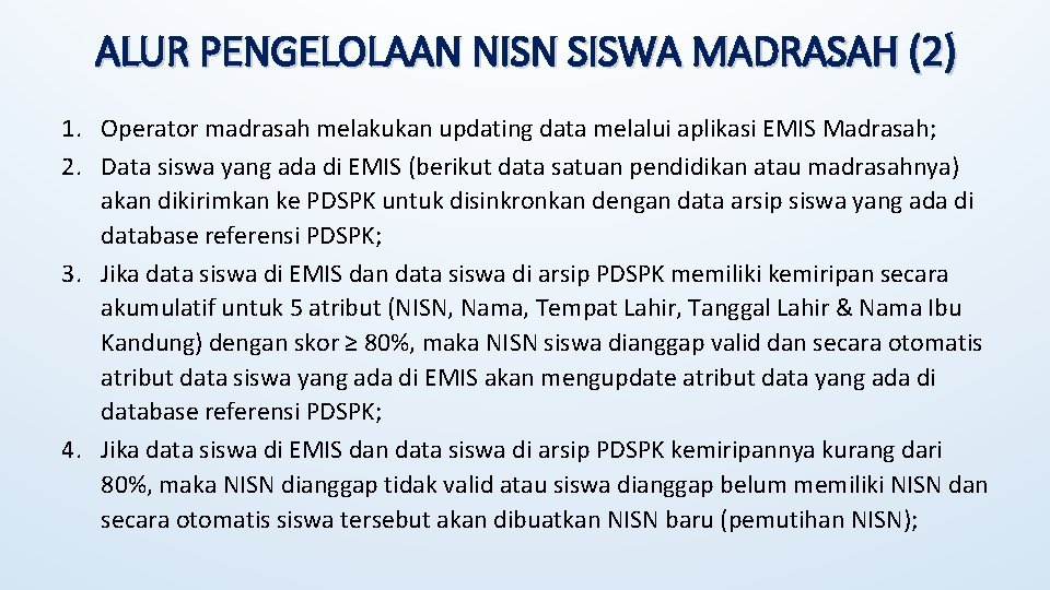 ALUR PENGELOLAAN NISN SISWA MADRASAH (2) 1. Operator madrasah melakukan updating data melalui aplikasi