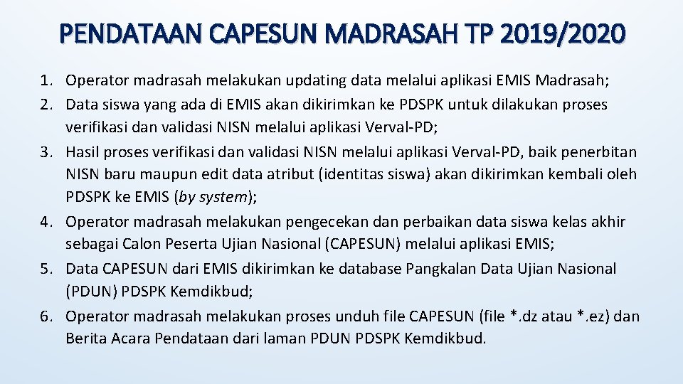 PENDATAAN CAPESUN MADRASAH TP 2019/2020 1. Operator madrasah melakukan updating data melalui aplikasi EMIS