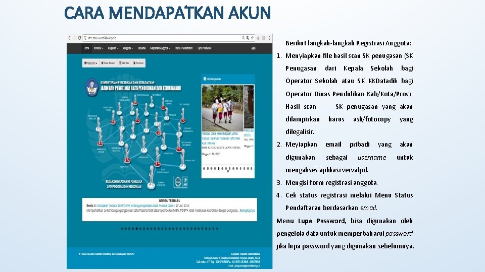 CARA MENDAPATKAN AKUN Berikut langkah-langkah Registrasi Anggota: 1. Menyiapkan file hasil scan SK penugasan