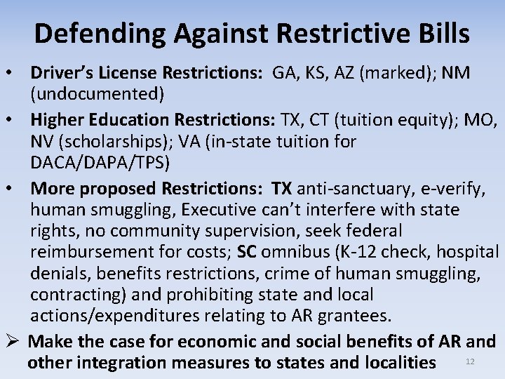 Defending Against Restrictive Bills • Driver’s License Restrictions: GA, KS, AZ (marked); NM (undocumented)