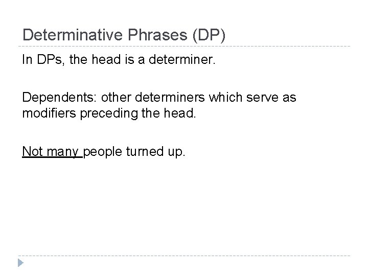 Determinative Phrases (DP) In DPs, the head is a determiner. Dependents: other determiners which