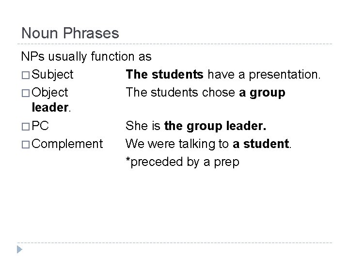 Noun Phrases NPs usually function as � Subject The students have a presentation. �