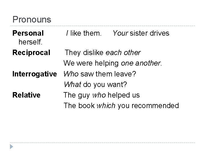 Pronouns Personal herself. Reciprocal I like them. Your sister drives They dislike each other