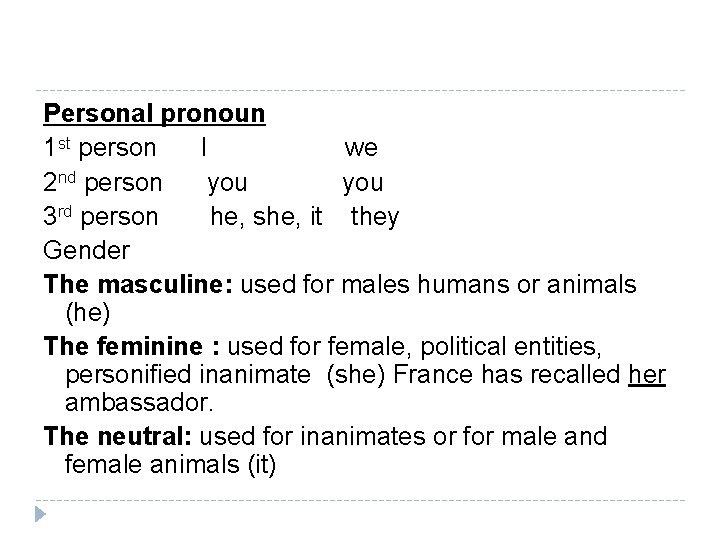 Personal pronoun 1 st person I we 2 nd person you 3 rd person