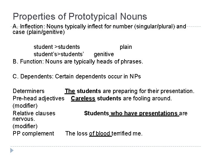 Properties of Prototypical Nouns A. Inflection: Nouns typically inflect for number (singular/plural) and case