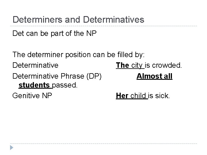 Determiners and Determinatives Det can be part of the NP The determiner position can