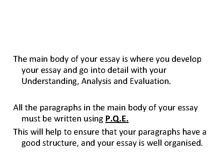The main body of your essay is where you develop your essay and go