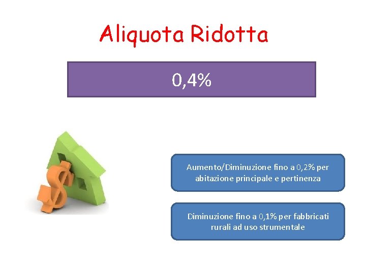 Aliquota Ridotta 0, 4% Aumento/Diminuzione fino a 0, 2% per abitazione principale e pertinenza