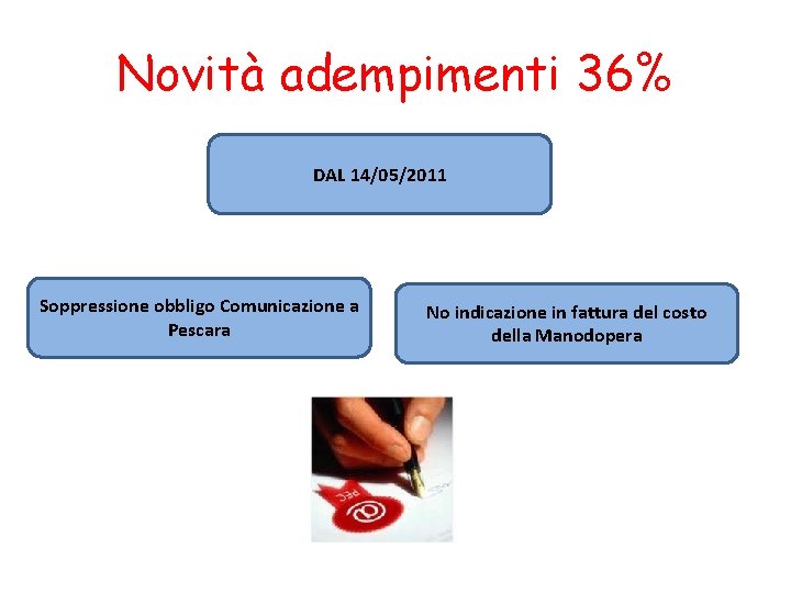 Novità adempimenti 36% DAL 14/05/2011 Soppressione obbligo Comunicazione a Pescara No indicazione in fattura