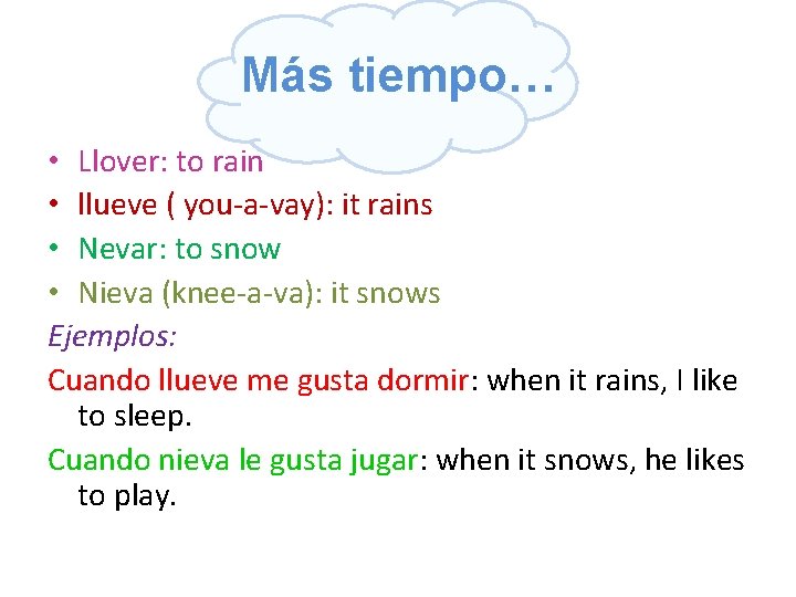 Más tiempo… • Llover: to rain • llueve ( you-a-vay): it rains • Nevar: