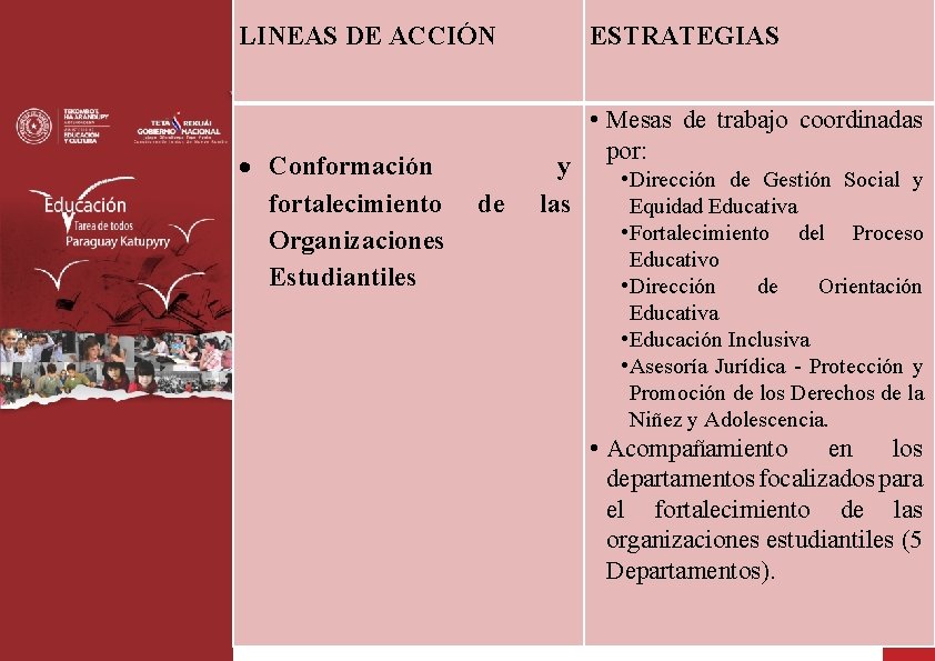 LINEAS DE ACCIÓN Conformación fortalecimiento Organizaciones Estudiantiles de ESTRATEGIAS y las • Mesas de